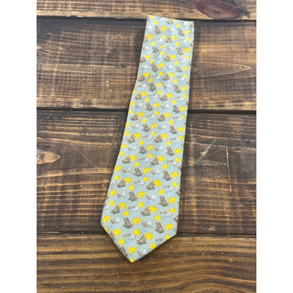 Gitman Bros Silk Tie Sage Green Beach Chair Palm Leaf Novelty Print USA Made
